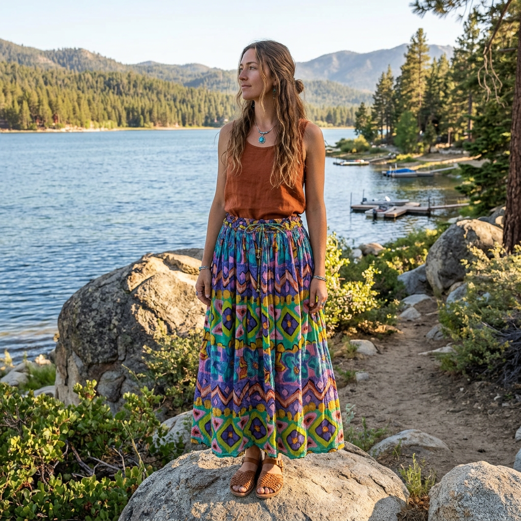 Lemieuk Petite Multi-Colored Vintage Folk Themed Cotton Broomstick Pleated Drawstring Skirt