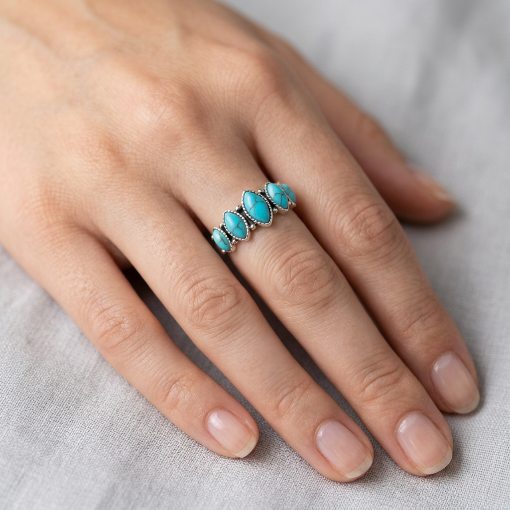 Alloy Sliver Plated and Faux Turquoise Ring Size 7.5