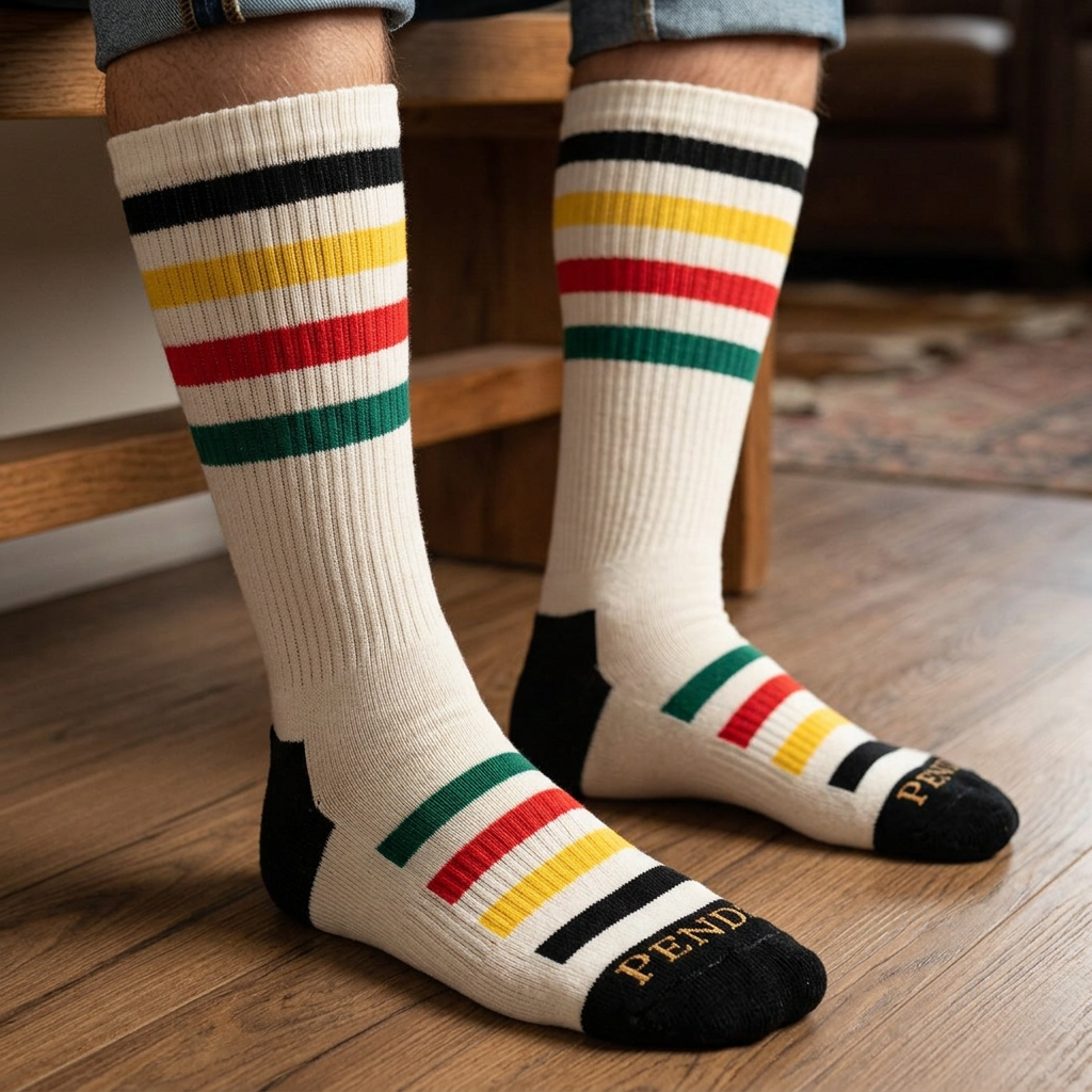 Colorful striped socks with 'Pendleton' branding 