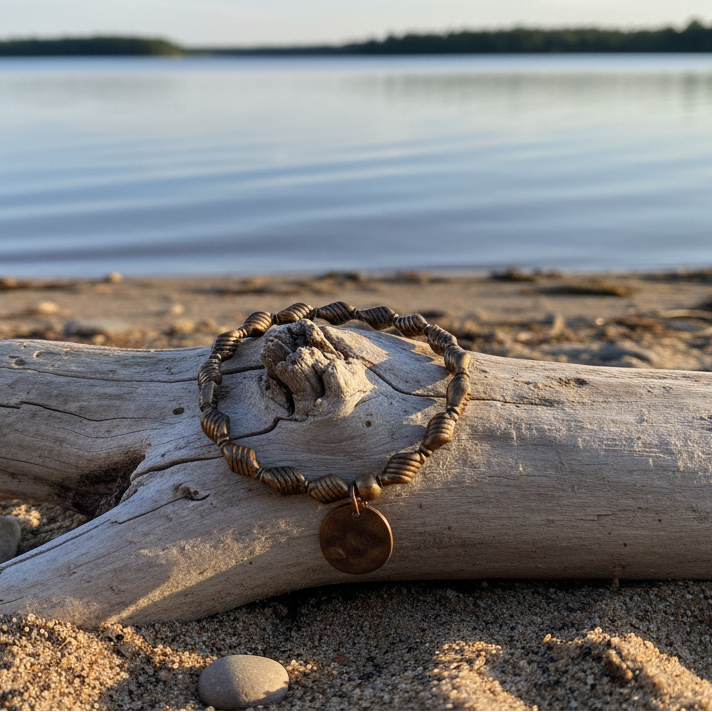 Bronze Colored Beaded Bracelet Featuring a Single Circle Charm