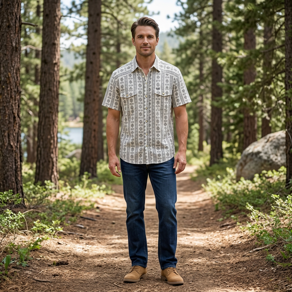 Lucky Brand Men’s Medium Southwestern Aztec Print Button-Up Shirt – White & Black