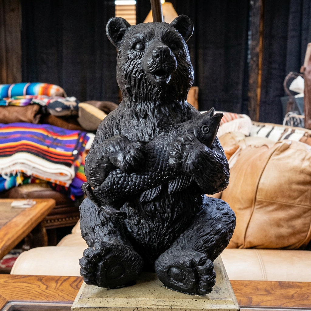 Decorative Black Bear Lamp with Fish and Nature Inspired Lampshade