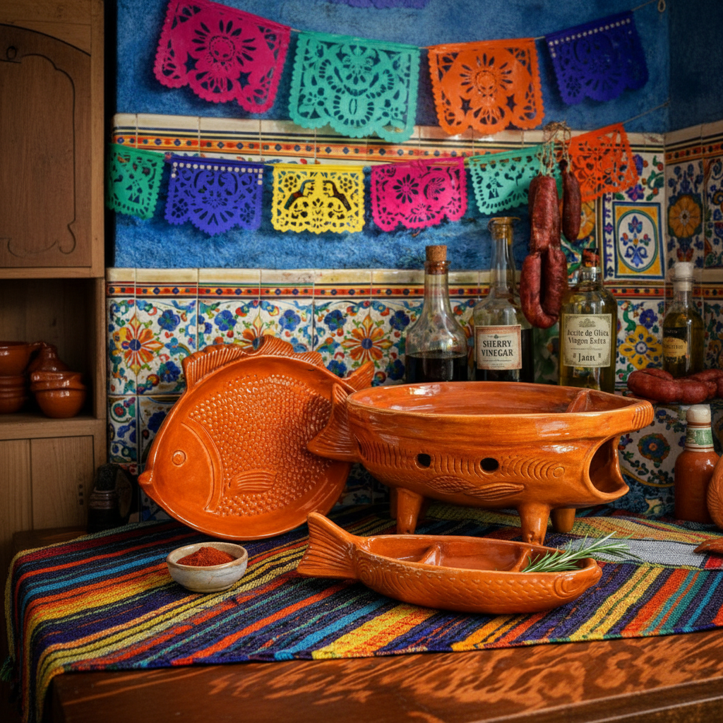 3 Piece set Vintage Mexican Terracotta Fish Shaped Warming Platter Made in Mazatlán Sinaloa