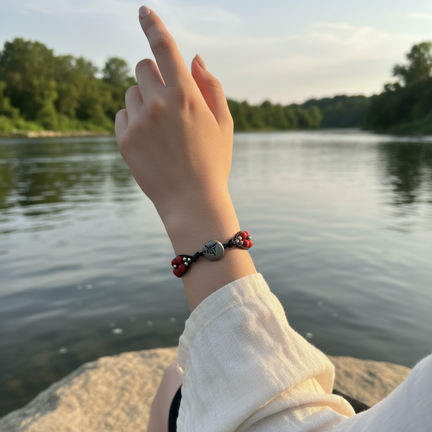 Red Beaded Bracelet With Metal Butterfly Charm