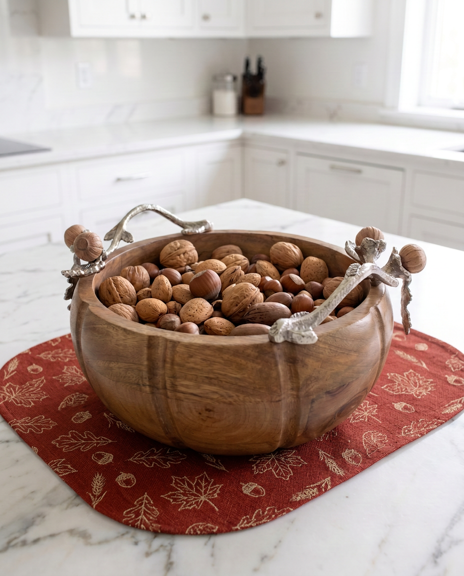 Acorn & Oak Harvest Wood Pumpkin Bowl with Silver-Tone Handles, 10 x 4.5