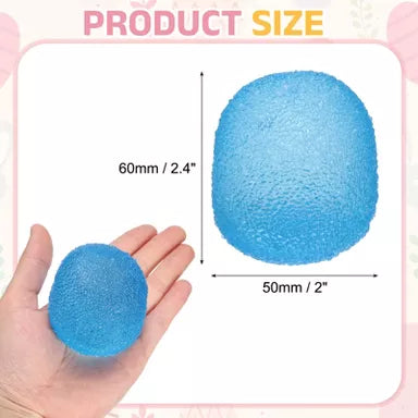 Blue gumdrop-shaped slow-rise squishy toy with a textured bead-like surface, individually packaged and designed for stress relief, sensory play, and fidgeting.