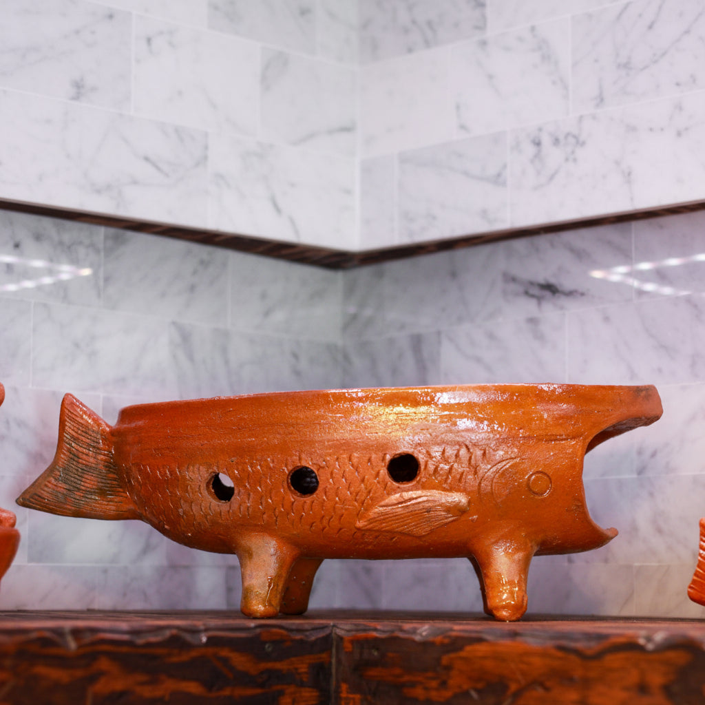 3 Piece set Vintage Mexican Terracotta Fish Shaped Warming Platter Made in Mazatlán Sinaloa