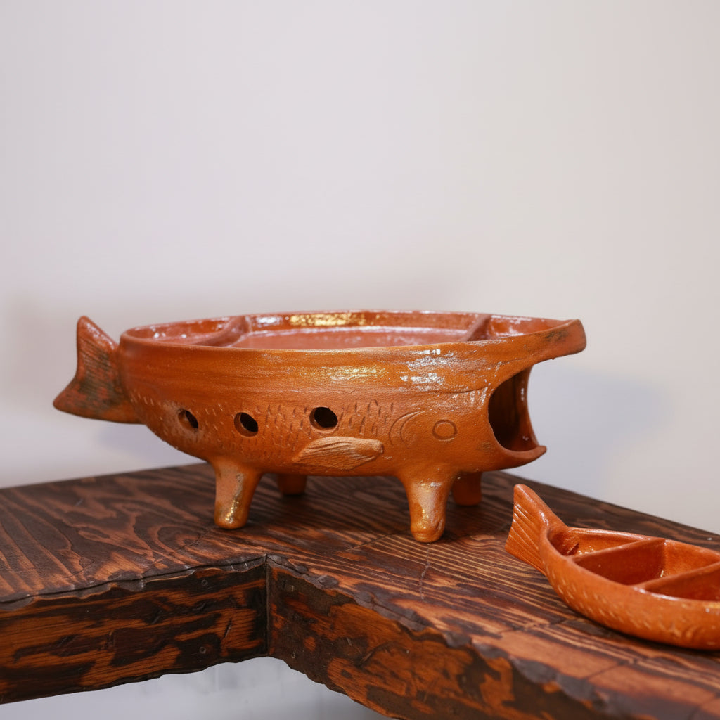 3 Piece set Vintage Mexican Terracotta Fish Shaped Warming Platter Made in Mazatlán Sinaloa