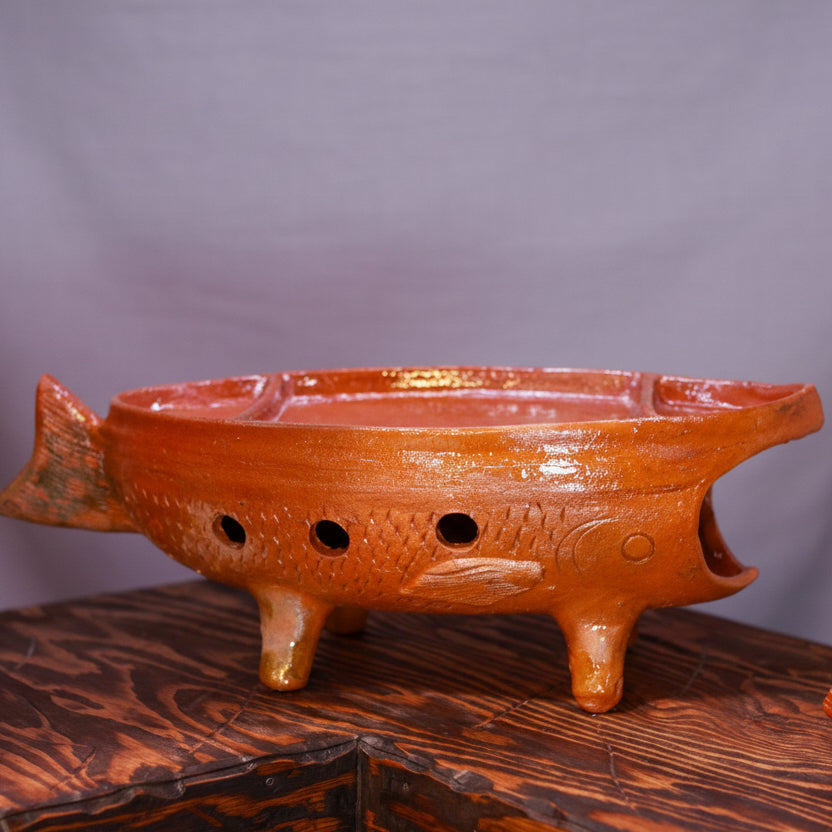 3 Piece set Vintage Mexican Terracotta Fish Shaped Warming Platter Made in Mazatlán Sinaloa