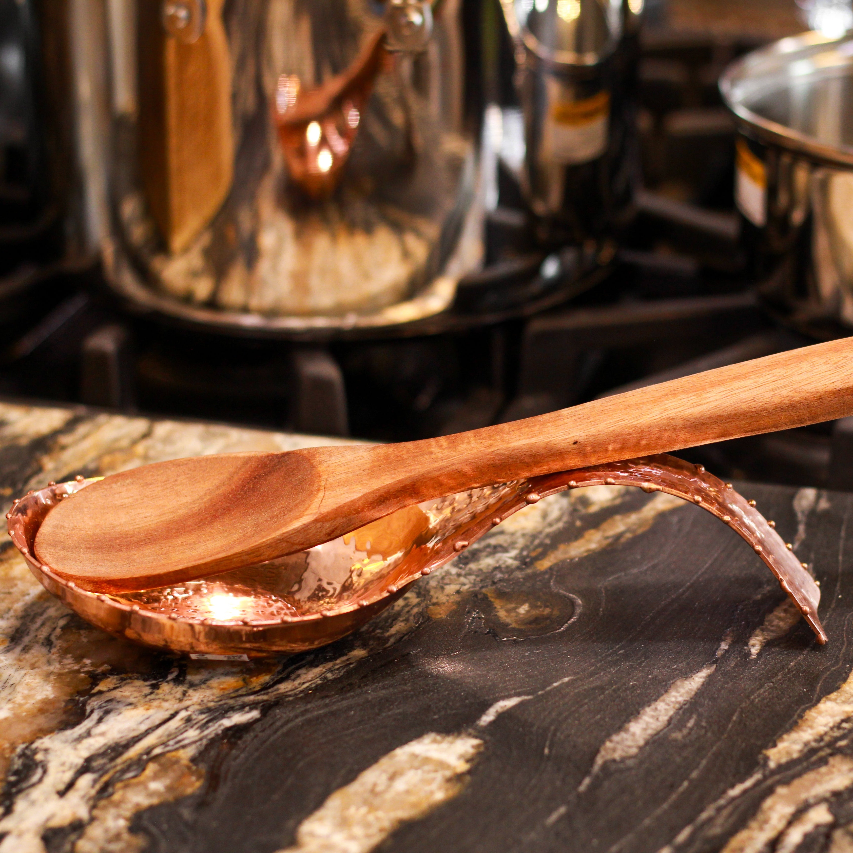 Copper Spoon Rest with Hammered with Rimmed Accent
