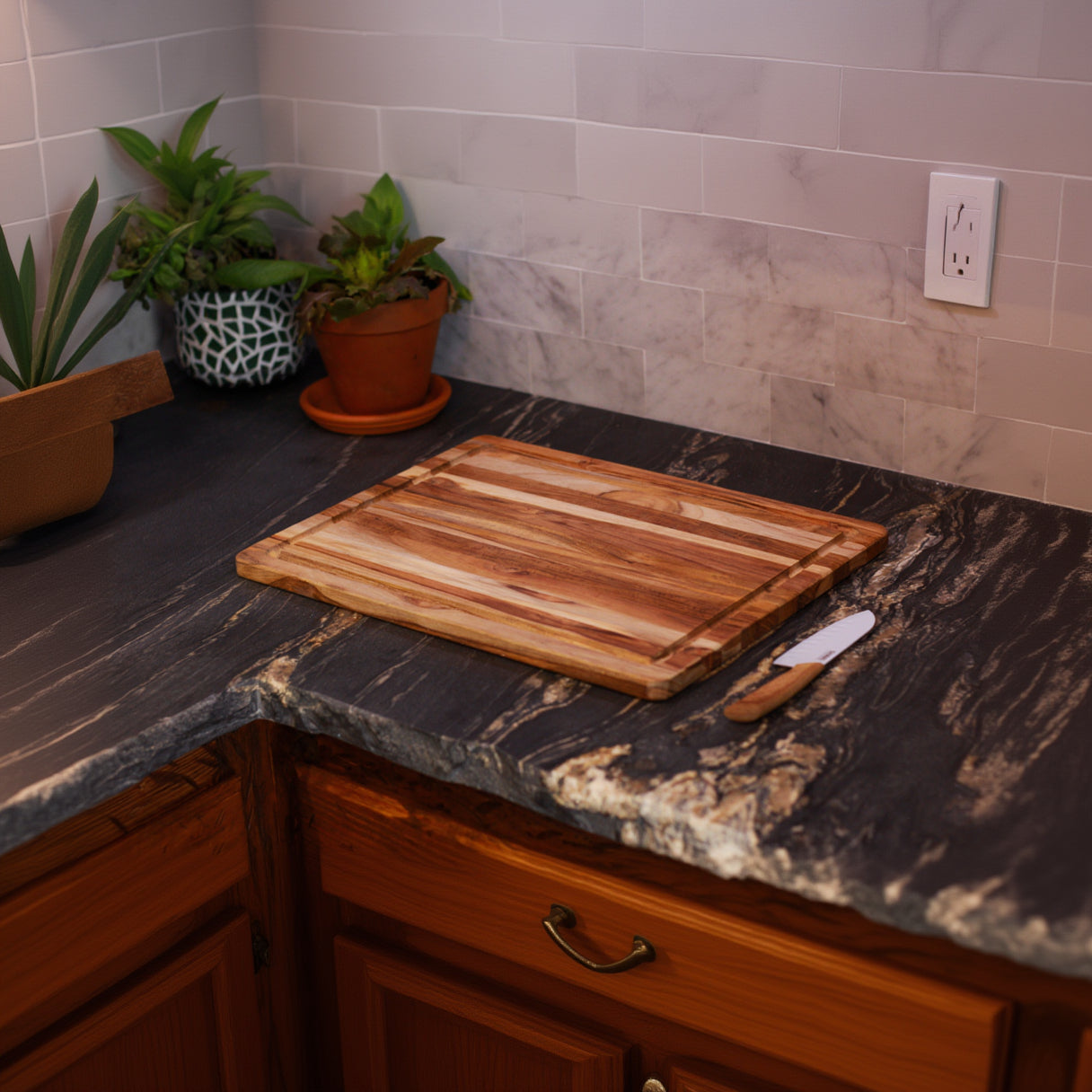 large rectangular wooden cutting board with natural wood grain finish and ribbed juice groove available in two sizes