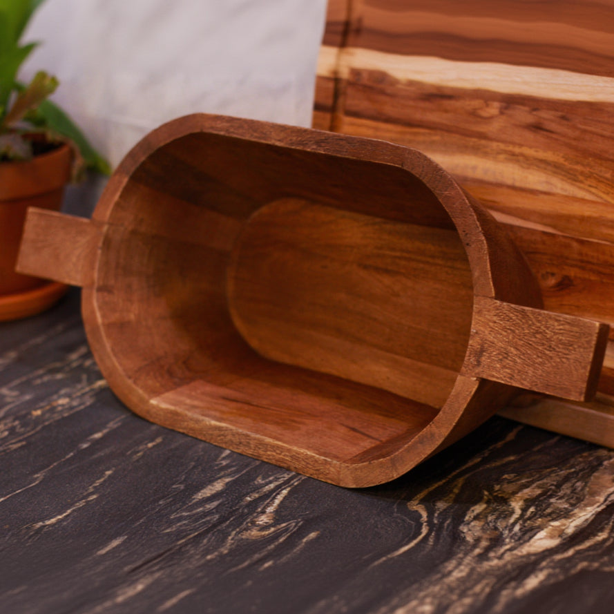 Wood Serving Bowl with Flat Handles - Large and Deep