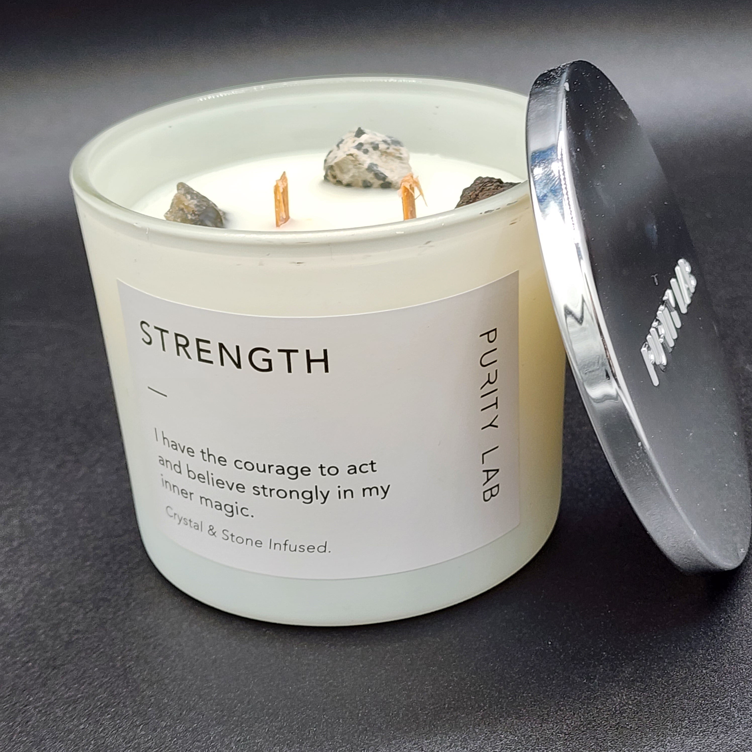 purity lab strength crystal infused candle double wick jar candle with stones
