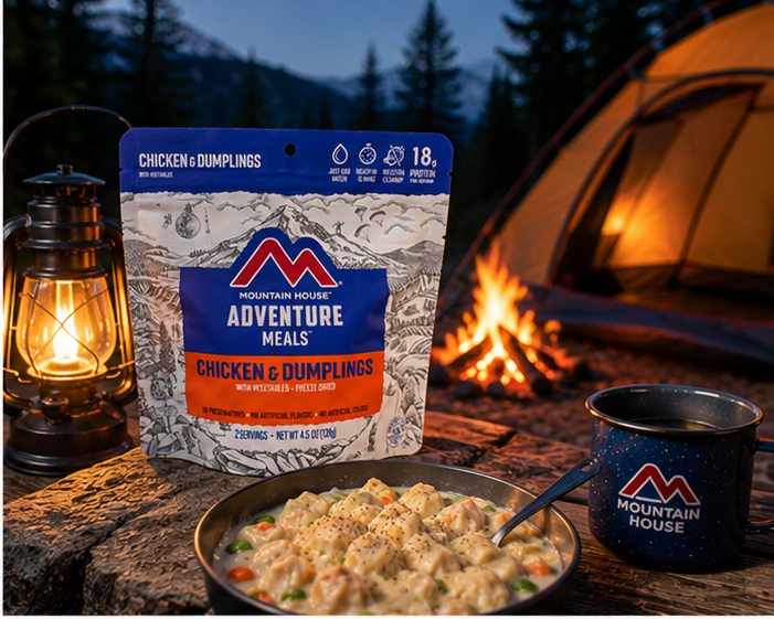 Mountain House Adventure Meals Chicken & Dumplings freeze-dried camping and backpacking meal pouch, 2 servings, 4.5 oz, just add hot water.