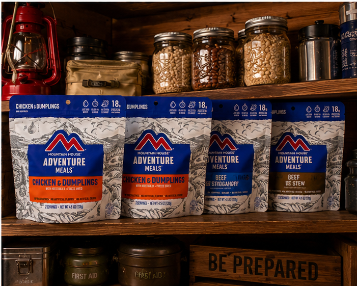 Mountain House Adventure Meals Chicken & Dumplings freeze-dried camping and backpacking meal pouch, 2 servings, 4.5 oz, just add hot water.