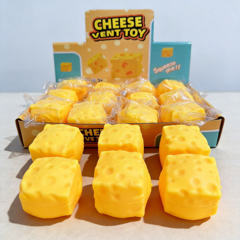 Single yellow Swiss Cheese Squishy Toy with a soft slow-rise texture and realistic cheese-inspired design for sensory play and stress relief.