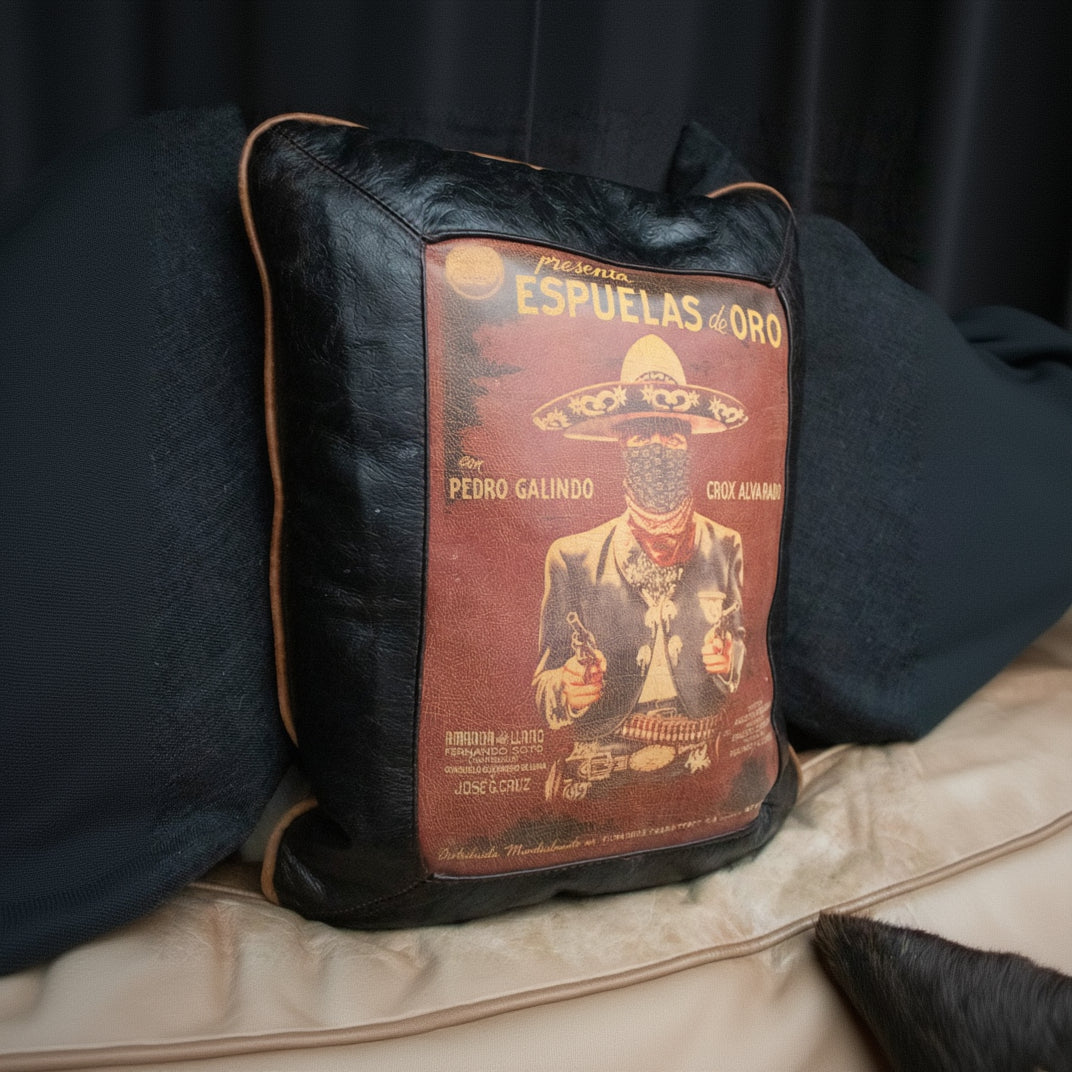Decorative Leather Pillow – "Espuelas de Oro" Cowboy Art, Down-Filled