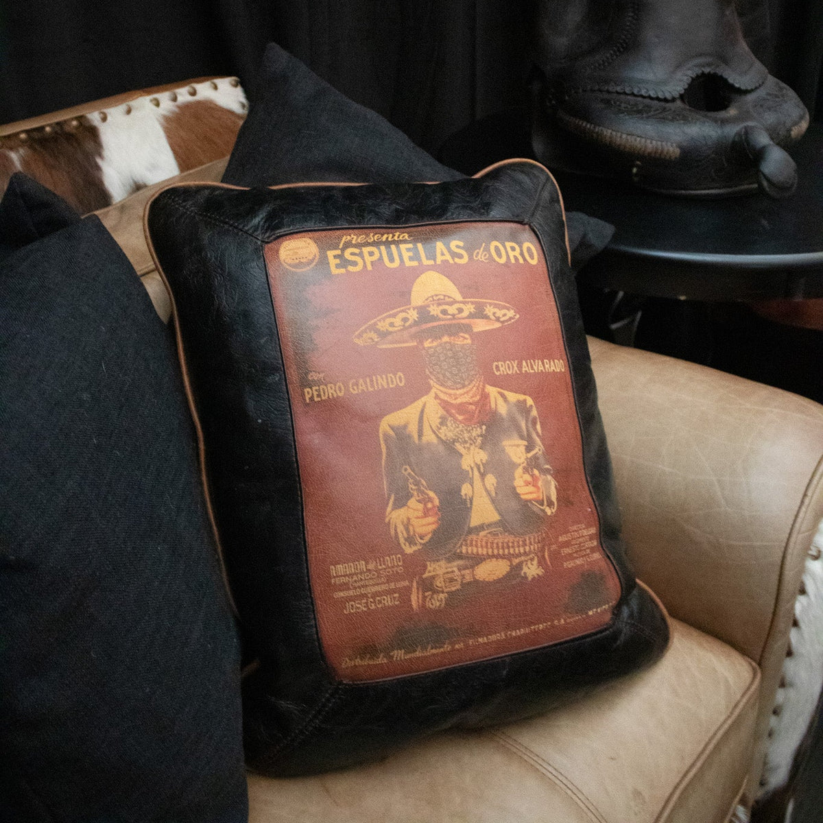 Decorative Leather Pillow – "Espuelas de Oro" Cowboy Art, Down-Filled