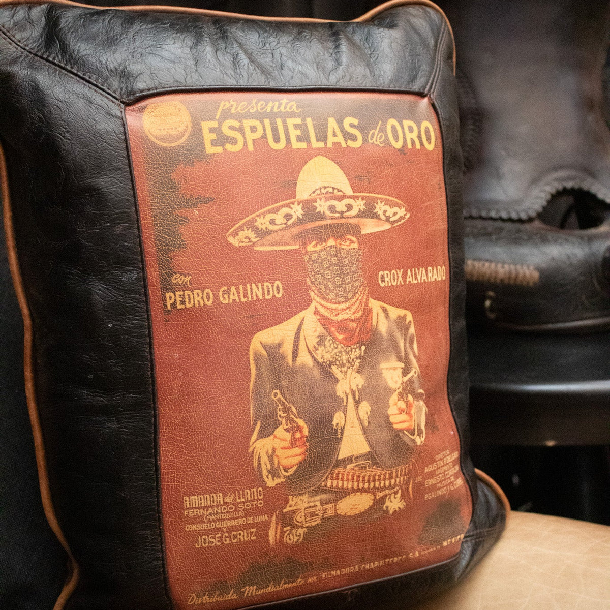 Decorative Leather Pillow – "Espuelas de Oro" Cowboy Art, Down-Filled