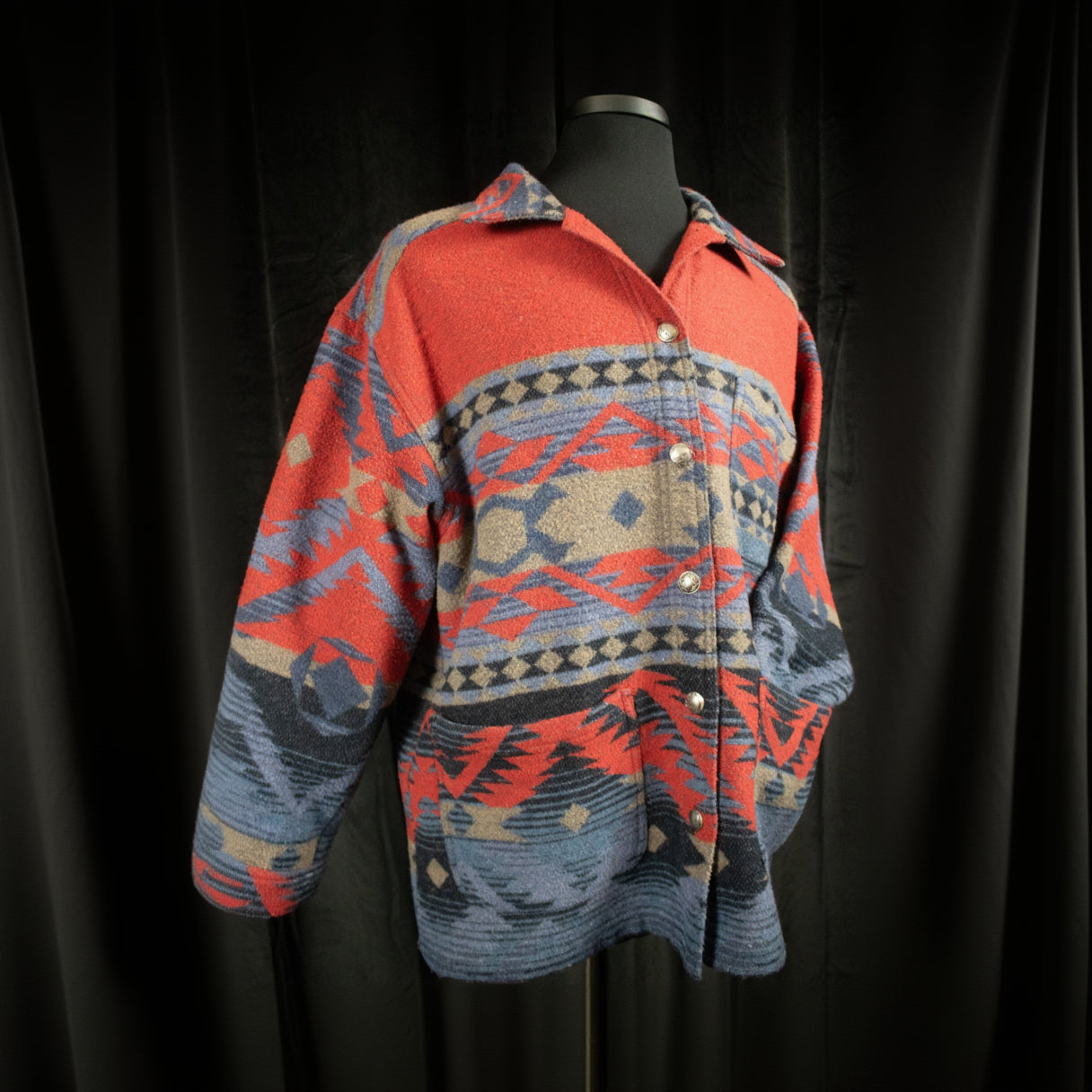 Wool Blanket Jacket Southwest Print Color Grey, Blue, & Red