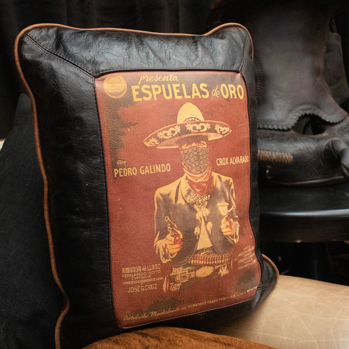 Decorative Leather Pillow – "Espuelas de Oro" Cowboy Art, Down-Filled