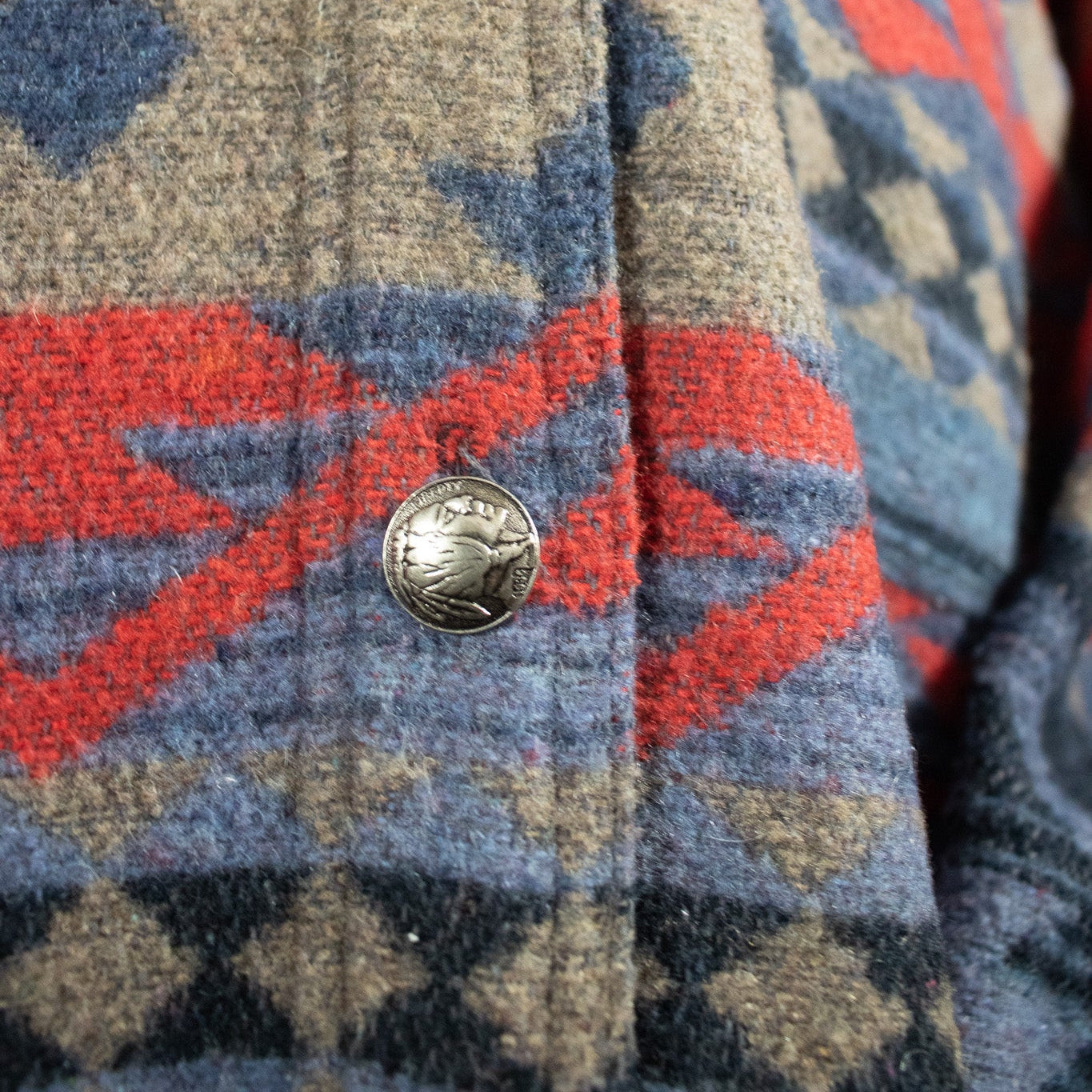 Wool Blanket Jacket Southwest Print Color Grey, Blue, & Red