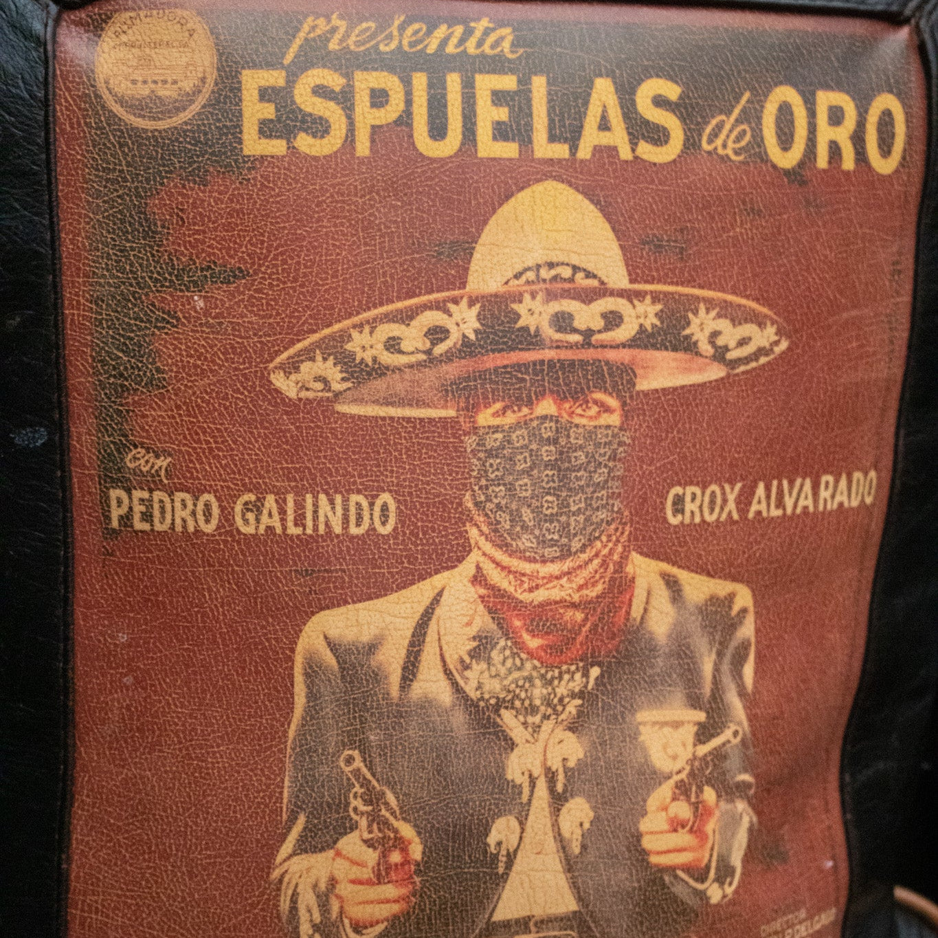 Decorative Leather Pillow – "Espuelas de Oro" Cowboy Art, Down-Filled