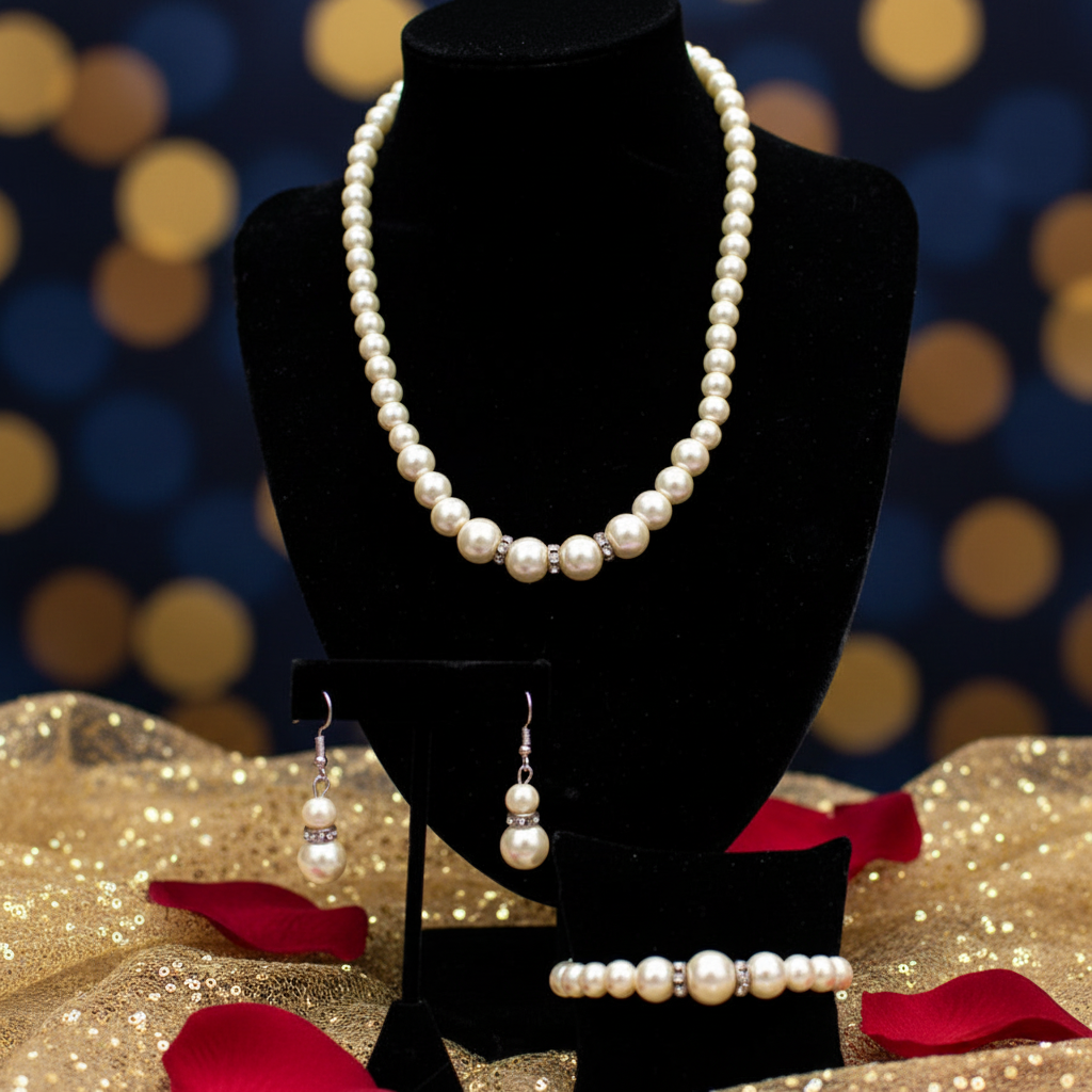 Classic Faux Pearl Style Necklace, Bracelet & Earring 3 Piece Set