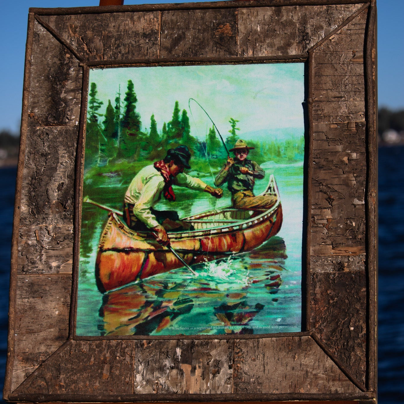 "Reeling in a Big One" By Jimi McKee Canvas Transfer with Custom Birch Bark Adirondack Style Frame
