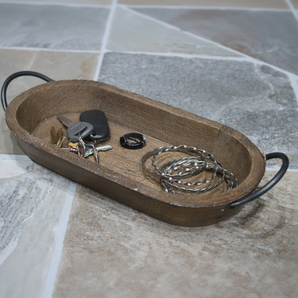 Rustic Wooden Trinket Tray with Sleek Metal Handles