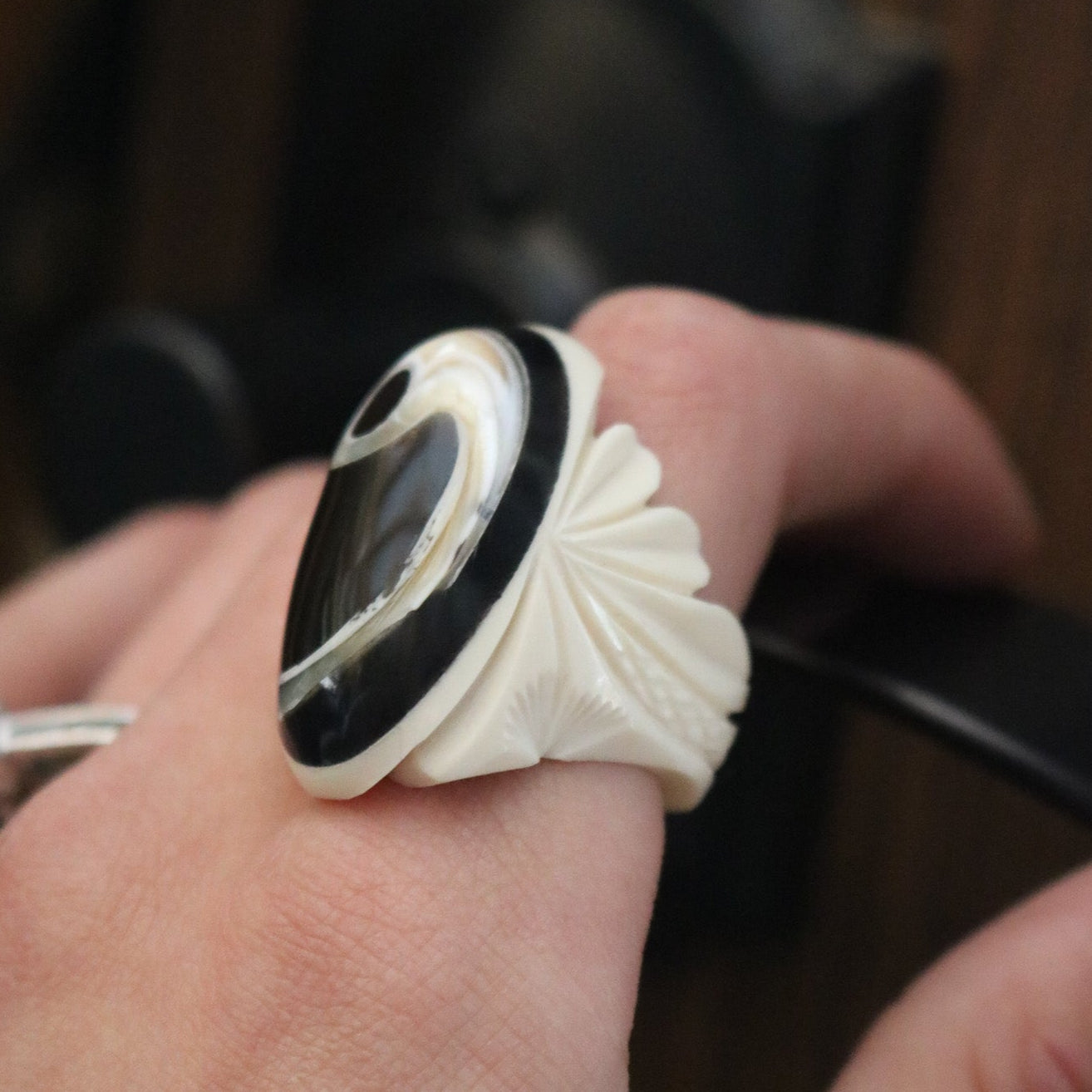 Hand-Crafted Bone Ring with Inlayed Black Onyx and Mother of Pearl Ring Size 7