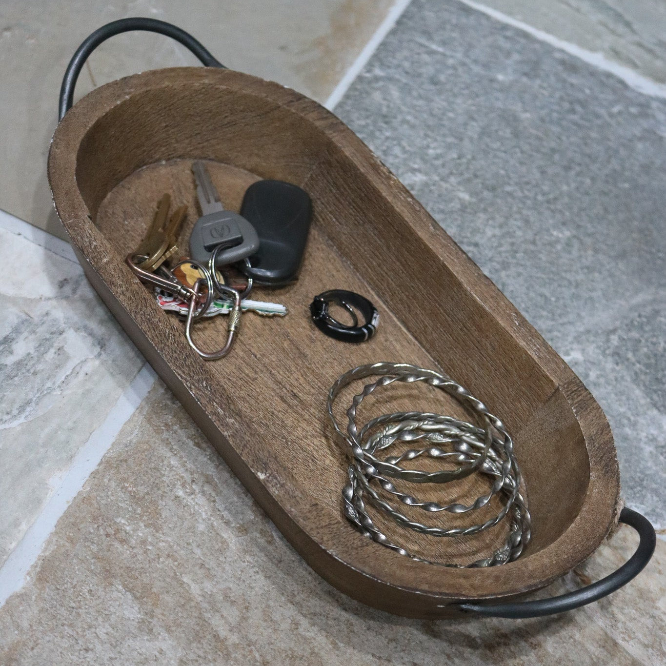 Rustic Wooden Trinket Tray with Sleek Metal Handles