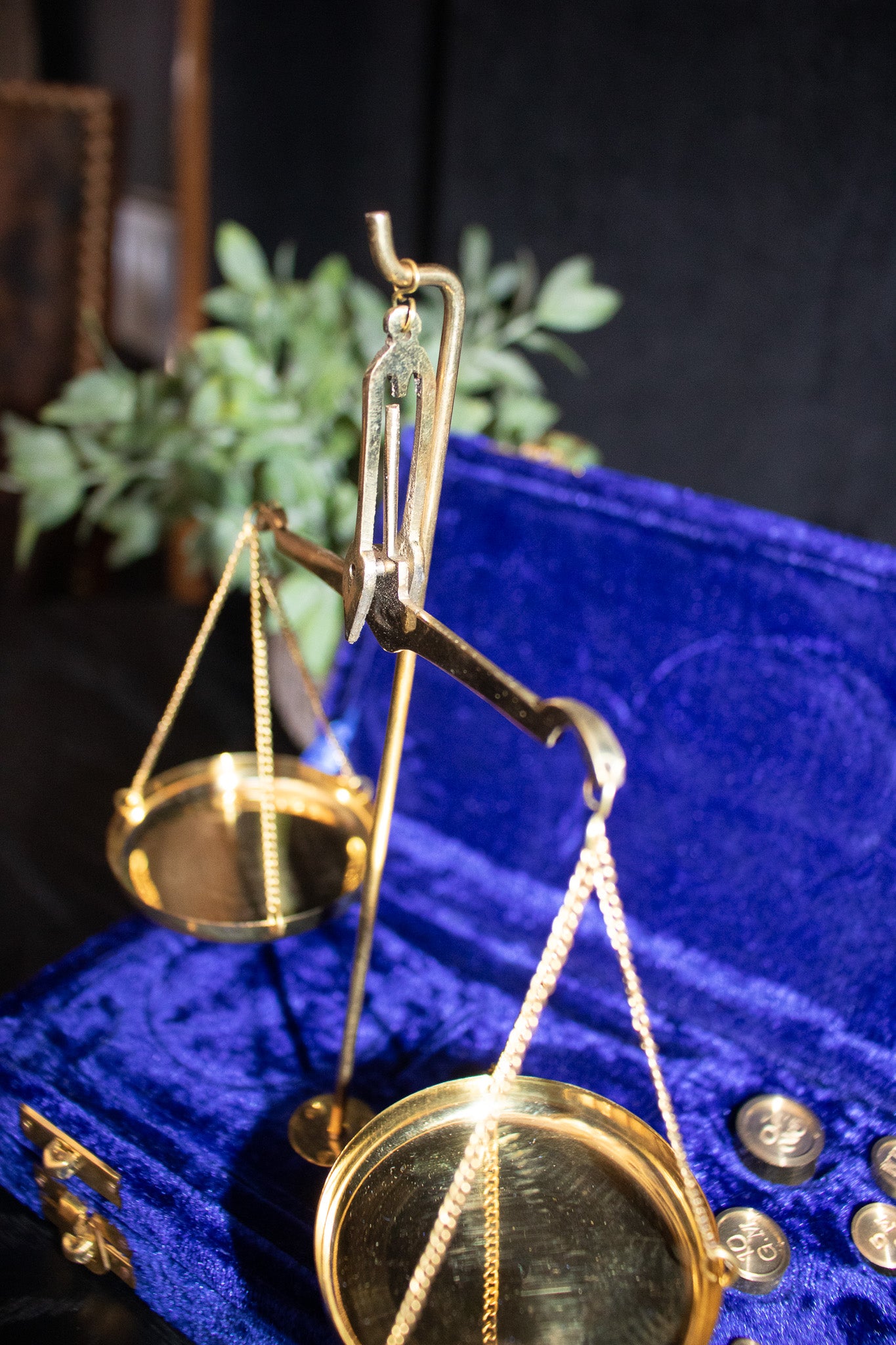 Antique Brass Polished Balance Scale with Velvet Box with Weights
