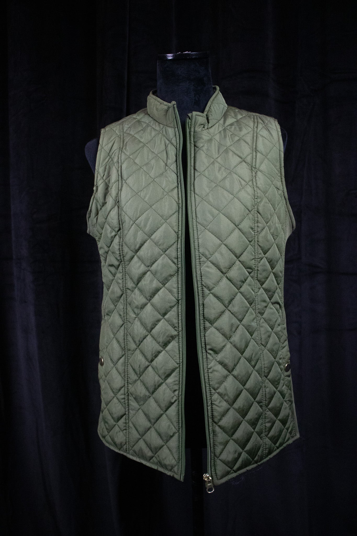 Kim Rogers Olive Quilted Zip Vest Lightweight Ribbed Trim New With Tags