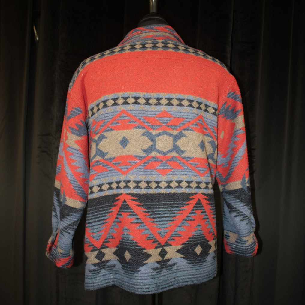 Wool Blanket Jacket Southwest Print Color Grey, Blue, & Red