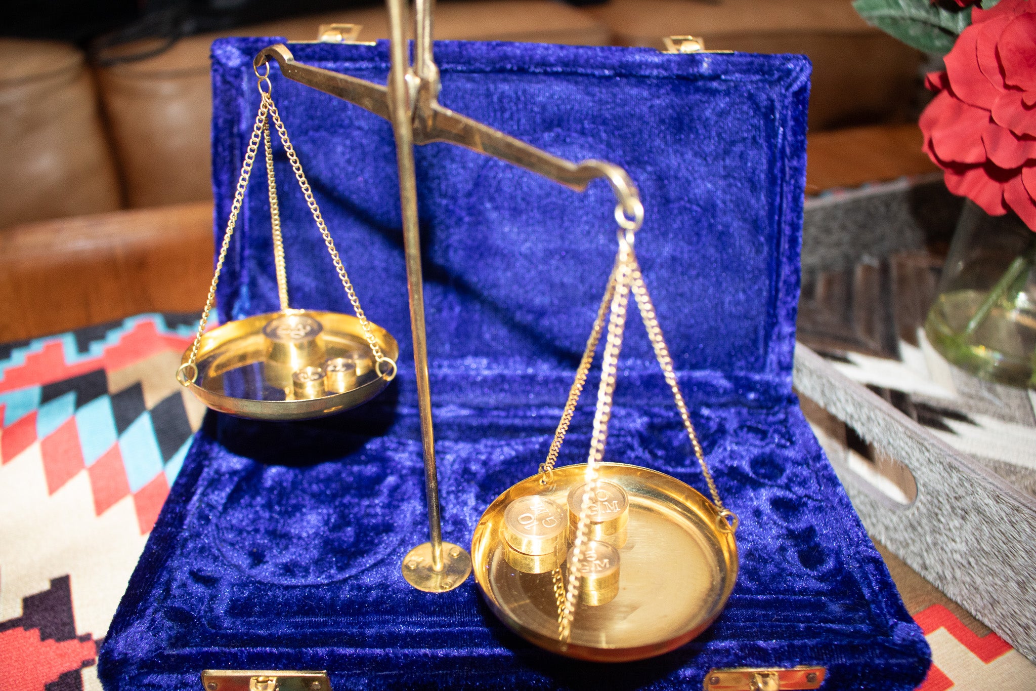 Antique Brass Polished Balance Scale with Velvet Box with Weights