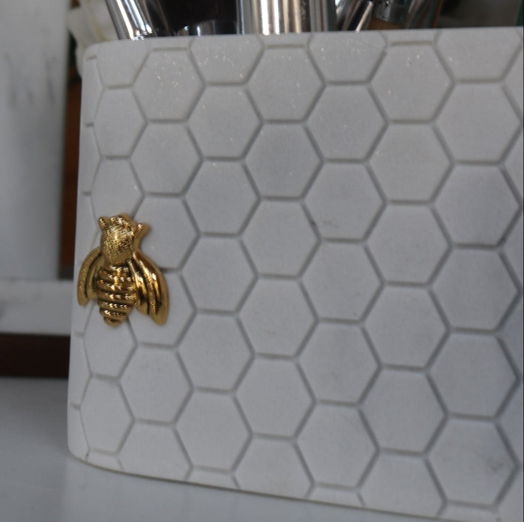 Caro Home Marble Honeycomb Makeup Brush Holder with Bee Detail
