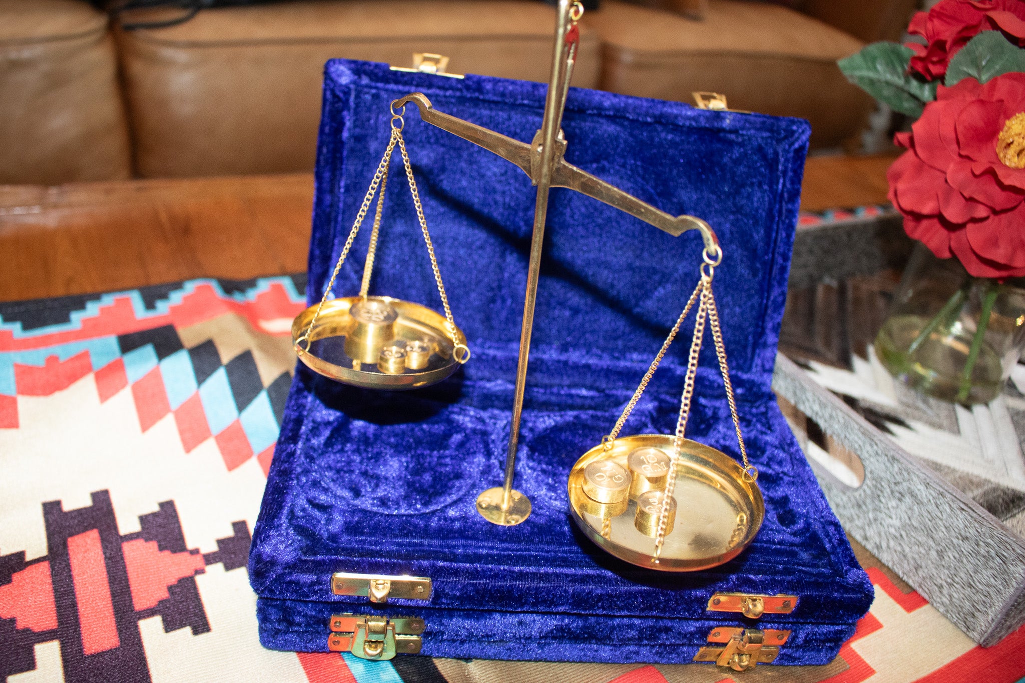 Antique Brass Polished Balance Scale with Velvet Box with Weights