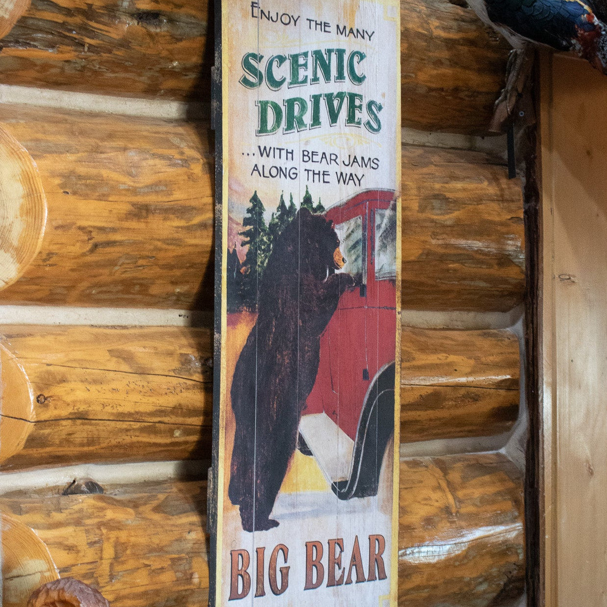 Wooden Plaque Depicting a Large Black Bear Hanging Off of a Red Car "Enjoy the Many Scenic Drives"