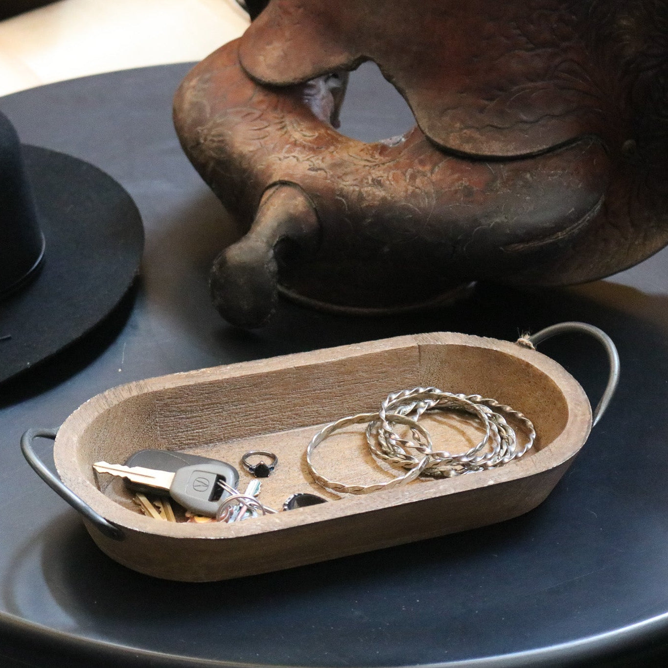 Rustic Wooden Trinket Tray with Sleek Metal Handles