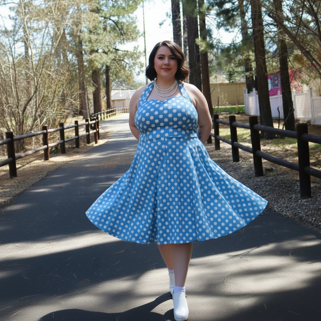 Light Blue Polka Dot Midi Dress Size 4XL