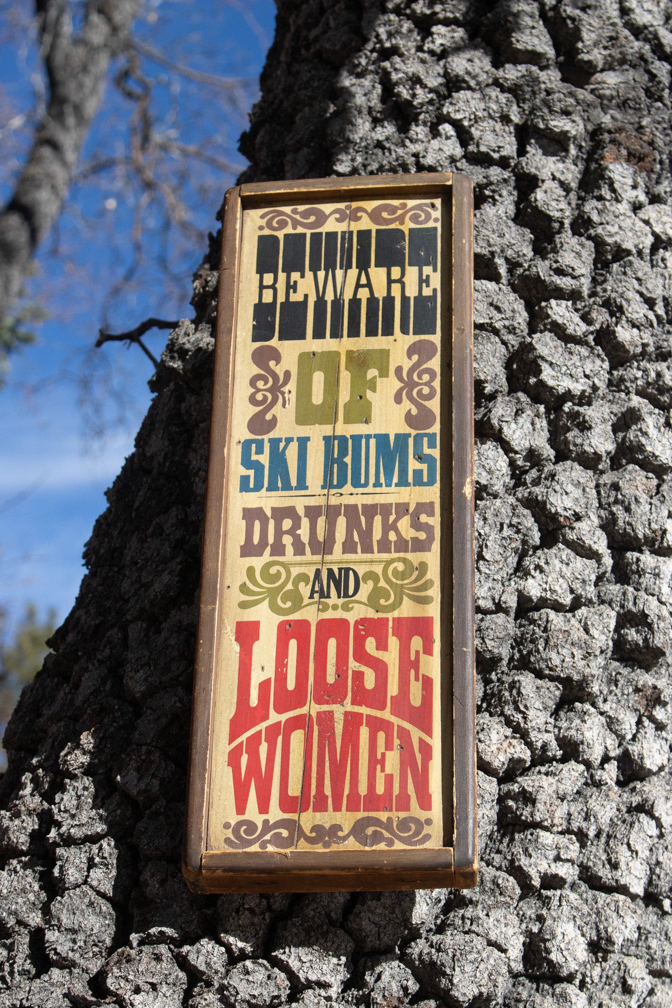Retro Wooden Sign Handcrafted Stars & Stripes 'Beware of Ski Bums Drunks & Loose Women