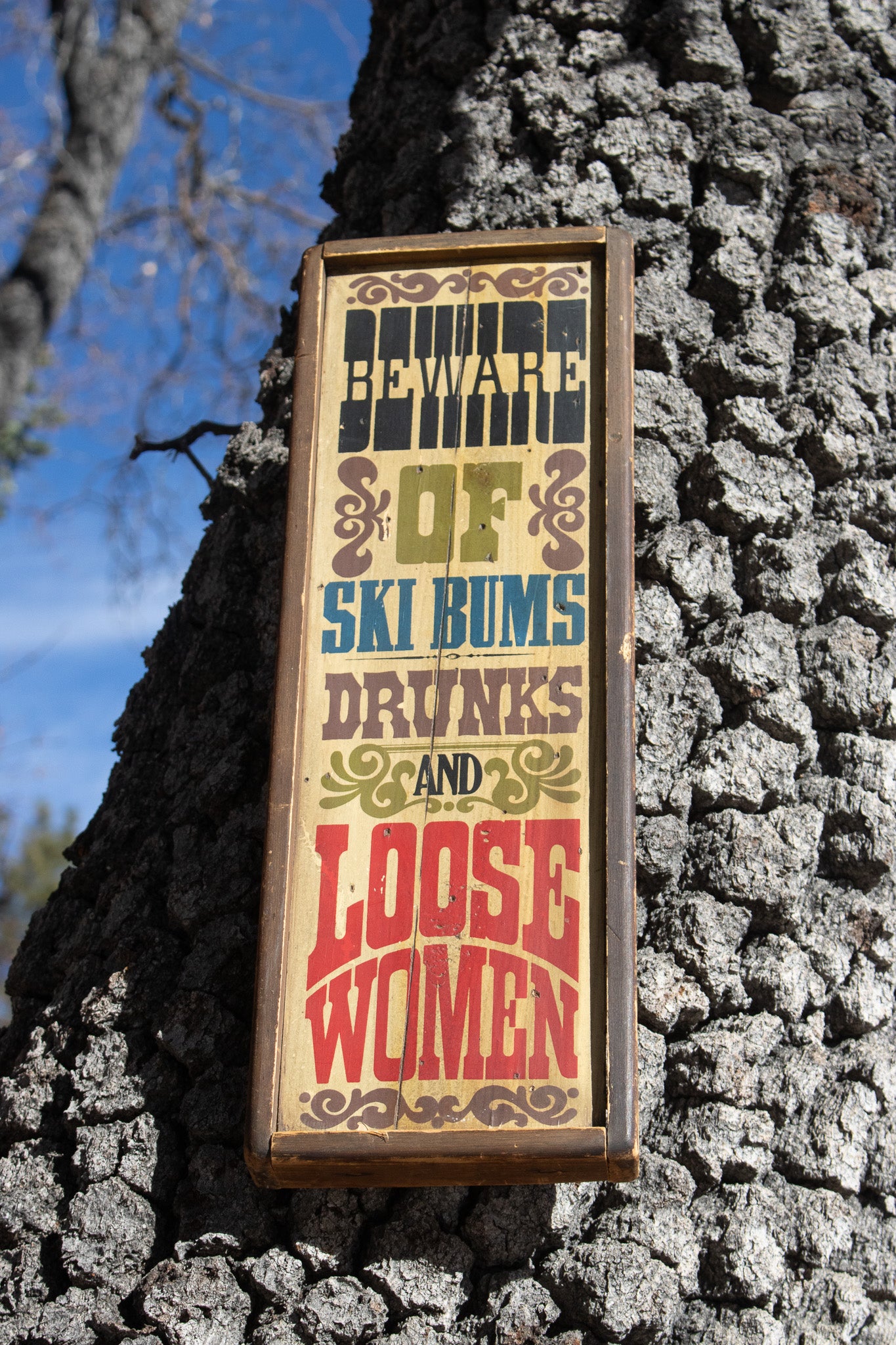Retro Wooden Sign Handcrafted Stars & Stripes 'Beware of Ski Bums Drunks & Loose Women