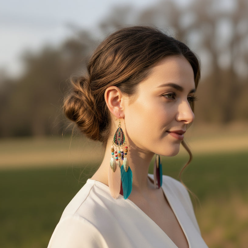 BOHEMIAN TEAR DROP BEADED FEATHER DANGLE EARRINGS
