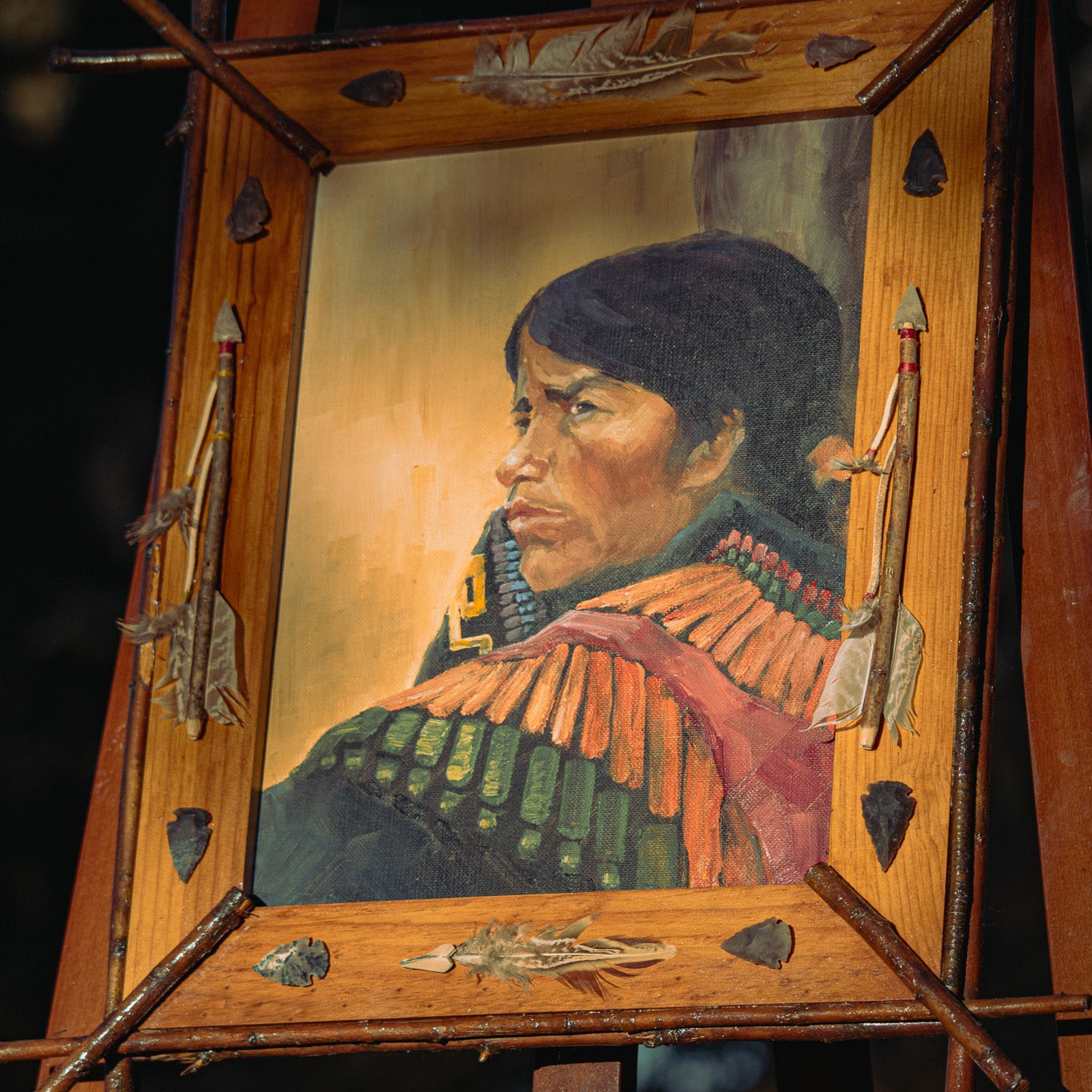 Native American Portrait Painting by Richard Dirk – Framed Rustic Mixed Media Wall Art 20x23
