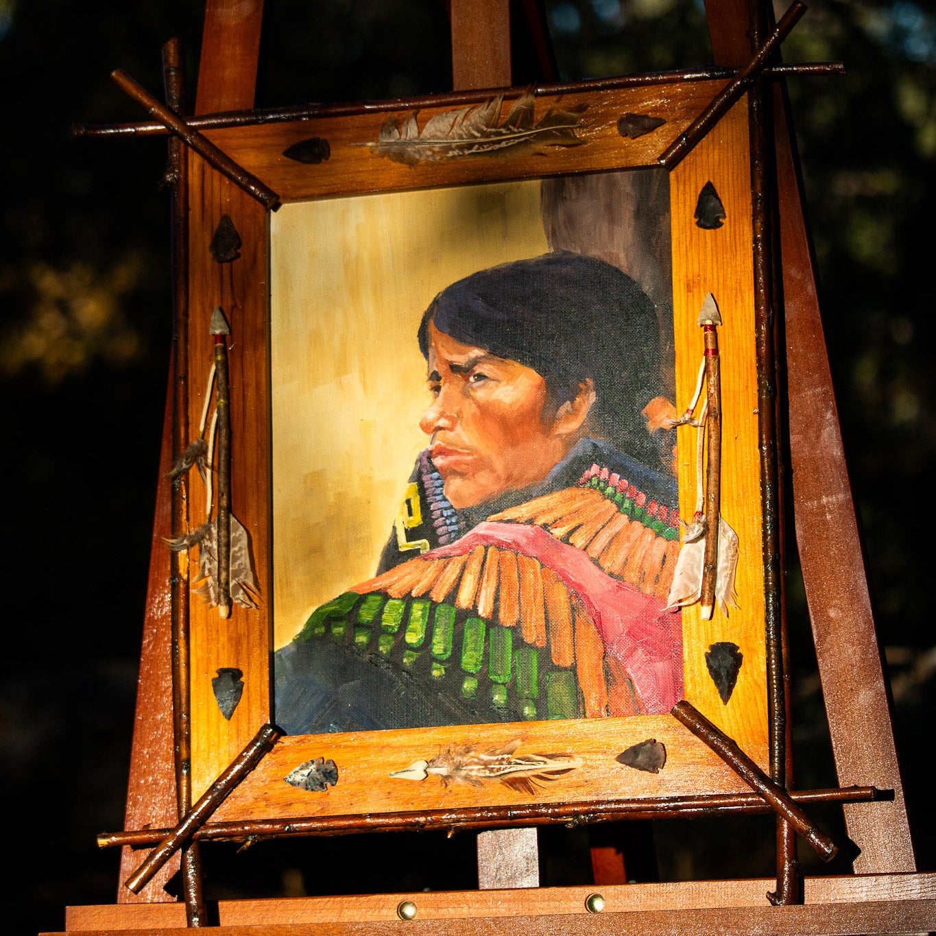 Native American Portrait Painting by Richard Dirk – Framed Rustic Mixed Media Wall Art 20x23