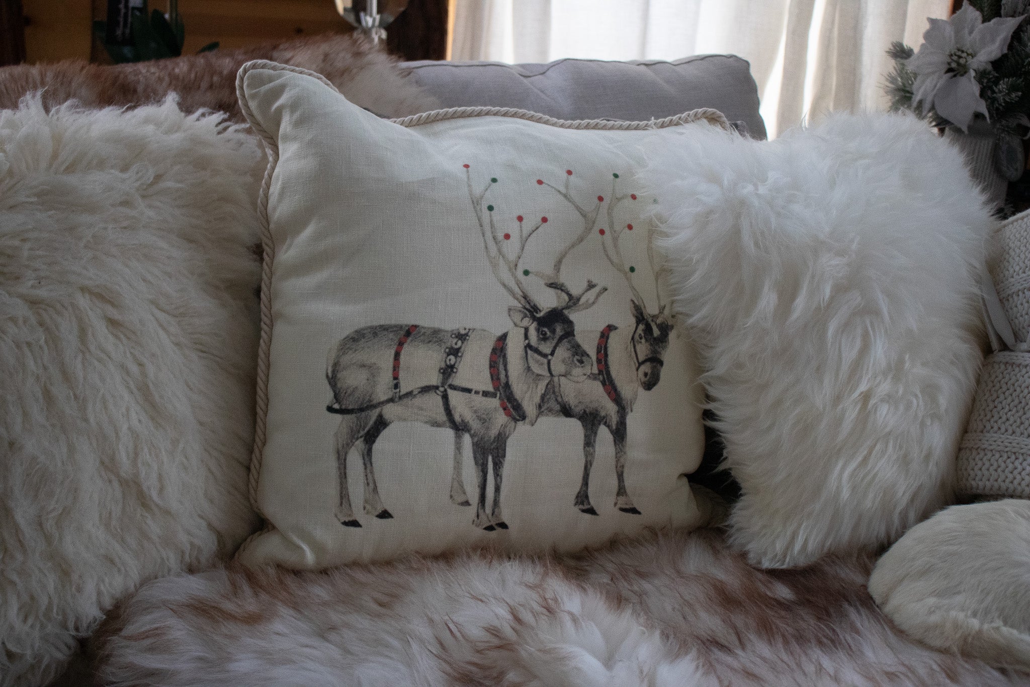 Christmas Reindeers Throw Pillow with Rope Lining