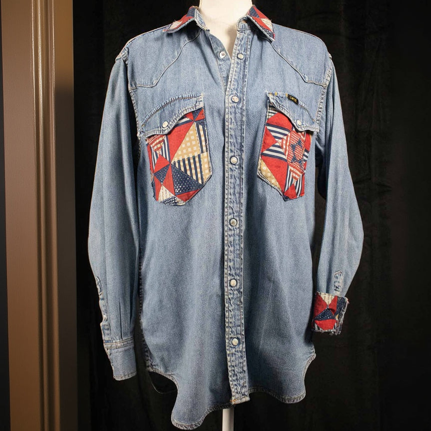 Vintage Lee Hand Styled Custom  Design Denim Button-up Shirt Size Small
