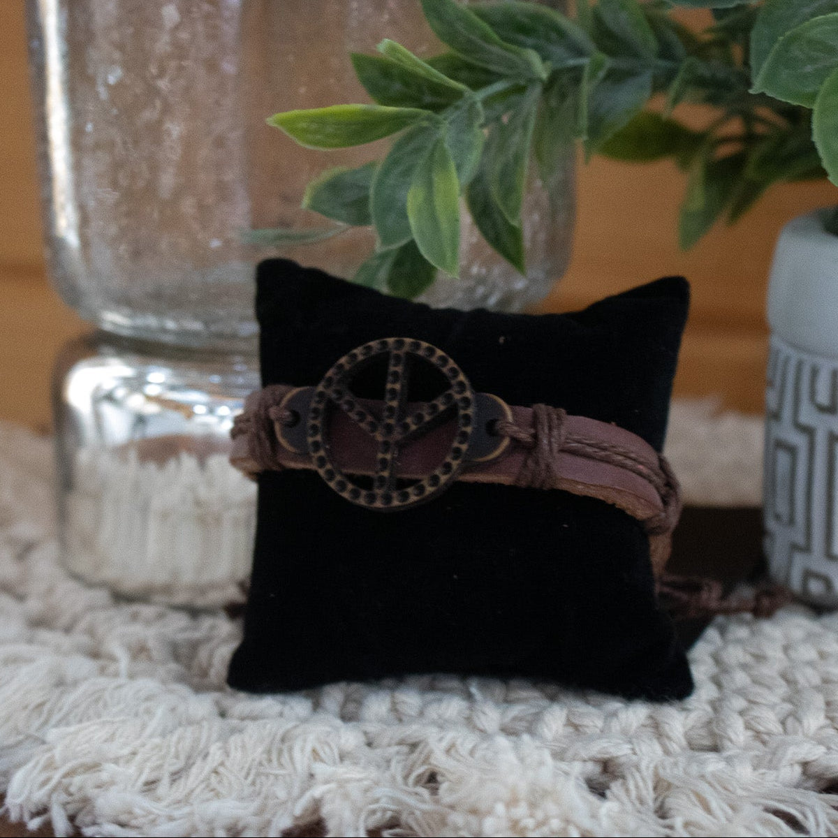 Brown Leather Peace Sign Charm Adjustable Bracelet
