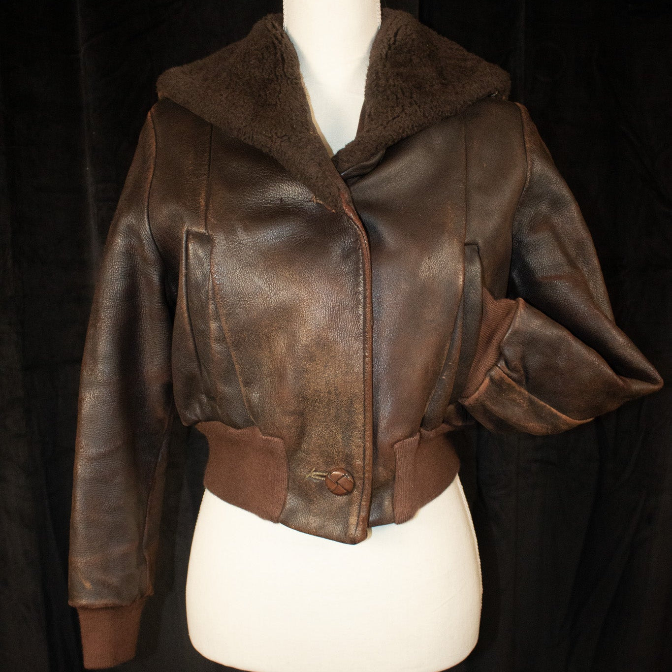 Small Cropped Leather Bomber Jacket Brown Color